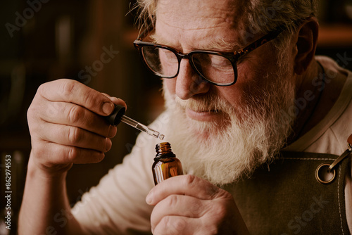 Close up of mature male perfumer scenting floral perfume and enjoying process