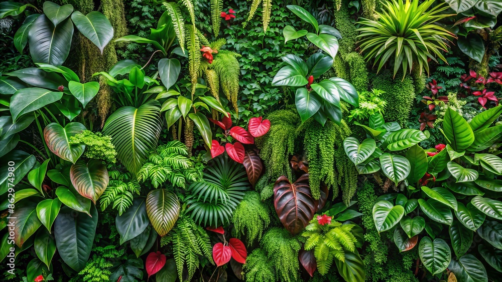 Lush tropical foliage features dark green plants, anthurium, epiphytes, and ferns, forming a stunning green wall design in a majestic cloud forest scenery. Lush tropical foliage features dark green plants, anthurium, epiphytes, and ferns, forming a stunning green wall design in a majestic cloud forest scenery.
