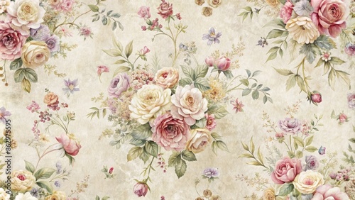 Delicate, distressed vintage floral wallpaper featuring intricate bouquets of roses, daisies, and lilacs on a soft, creamy background with subtle texture and worn edges.