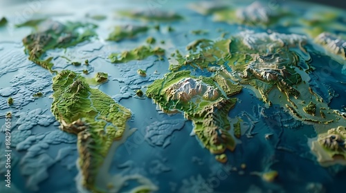 Fototapeta Naklejka Na Ścianę i Meble -  3D rendered world map with exaggerated topographic relief and hyperdetailed geography