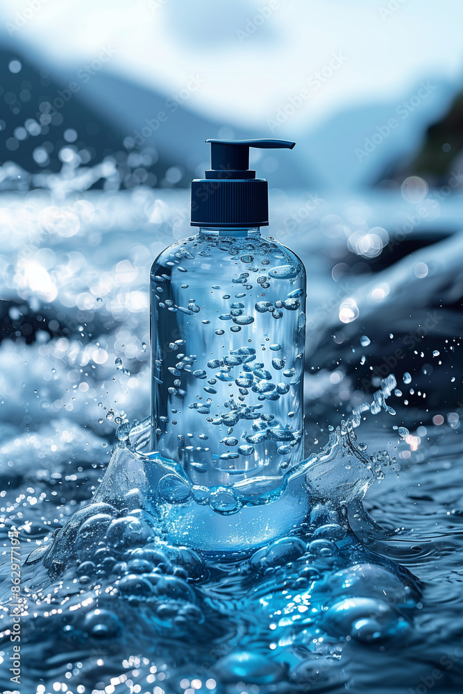 bottle of water with splash in river bottle of water with splash in river