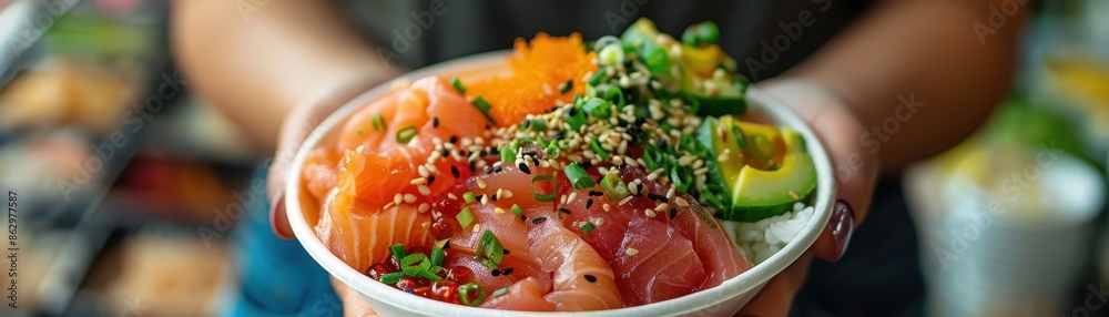 hand holding a paper bowl filled with colorful poke