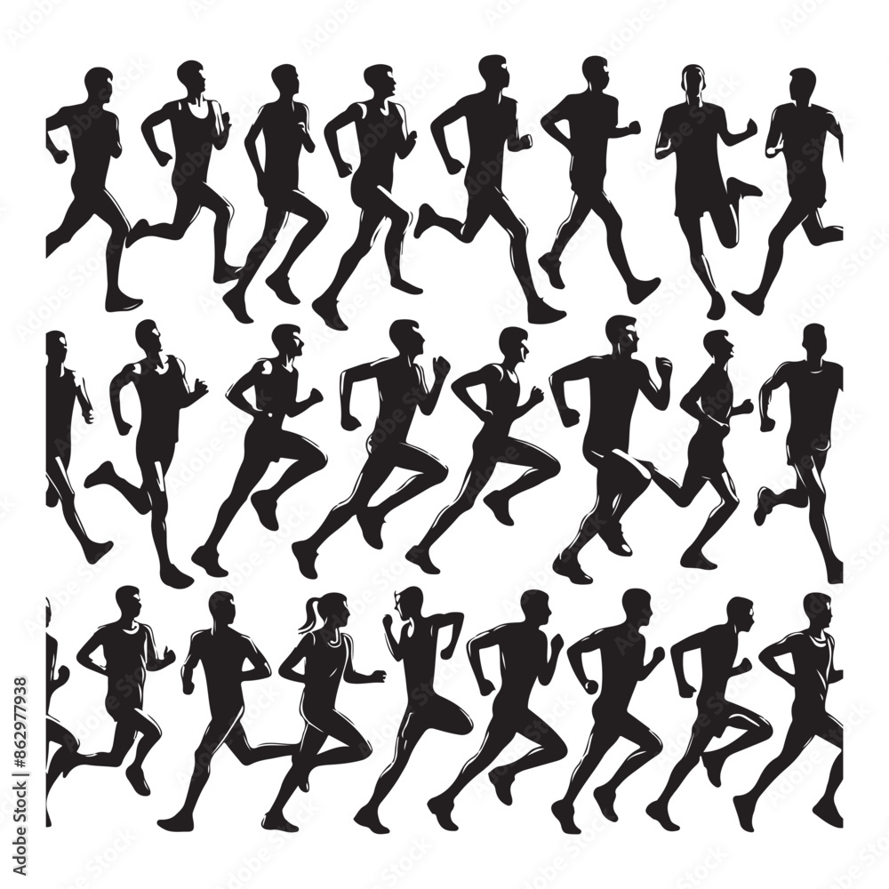 Big set of black silhouettes of runners, vector Big set of black silhouettes of runners, vector