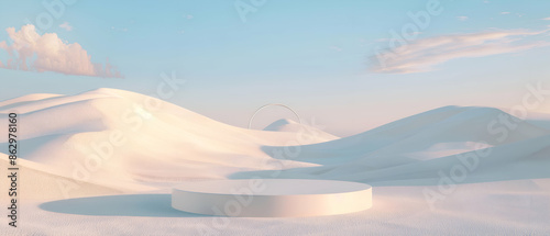 Abstract Desert Landscape with Empty Pedestal Under a Clear Sky photo