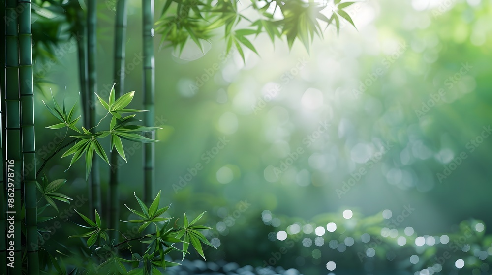 Obraz premium Tranquil bamboo leaves with zen garden backdrop in vibrant green hues