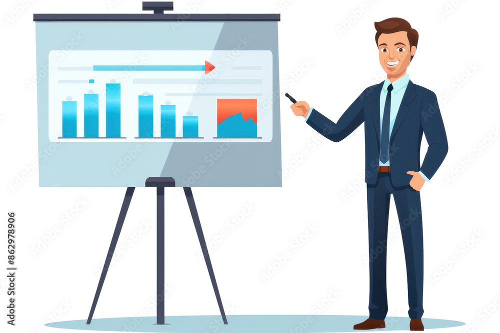 Businessman presenting a project proposal on a digital screen clipart, on white background Businessman presenting a project proposal on a digital screen clipart, on white background