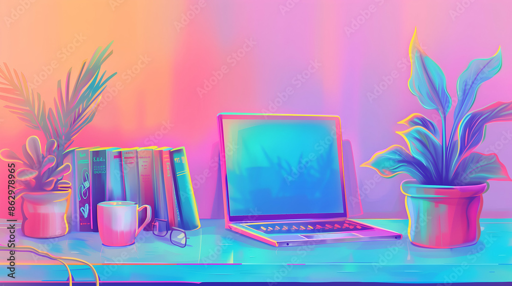 Vibrant Home Office Setup with a Laptop, Books, and Plants in Neon Colors Vibrant Home Office Setup with a Laptop, Books, and Plants in Neon Colors