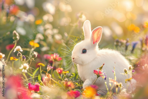 Whimsical Scene of Fluffy White Rabbit Hopping Through a Meadow of Colorful Flowers at Dawn © acambium64