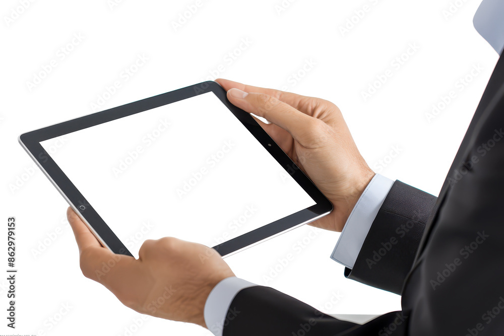 Businessperson analyzing data on a digital tablet clipart, on white background Businessperson analyzing data on a digital tablet clipart, on white background