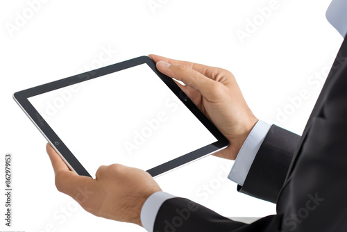 Businessperson analyzing data on a digital tablet clipart, on white background