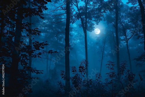 Fototapeta Naklejka Na Ścianę i Meble -  Foggy forest at night with full moon in the sky.