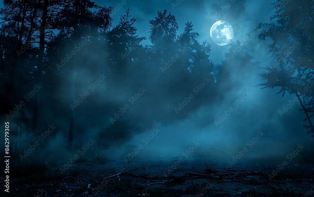 Foggy forest at night with full moon in the sky. Foggy forest at night with full moon in the sky.