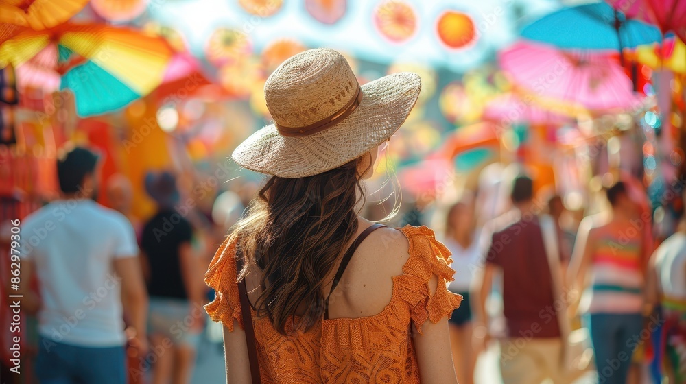 Obraz premium Photo of people sharing fans and excitement at Feria de Malaga, lively background with space for text, minimal, bright style