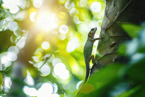Salamander Climbing a Tree in Sunlit Tropical Rainforest with Detailed Background in High-Definition Clarity