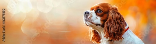 A Cavalier King Charles Spaniel played fetch with remarkable enthusiasm, its tail wagging nonstop, colorful strange bizarre sharpen blur background with copy space photo