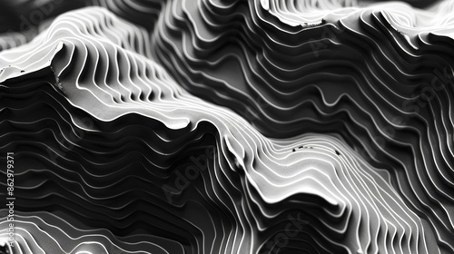 Topographic background and texture, abstract monochrome image. 3D waves. Cartography Background.