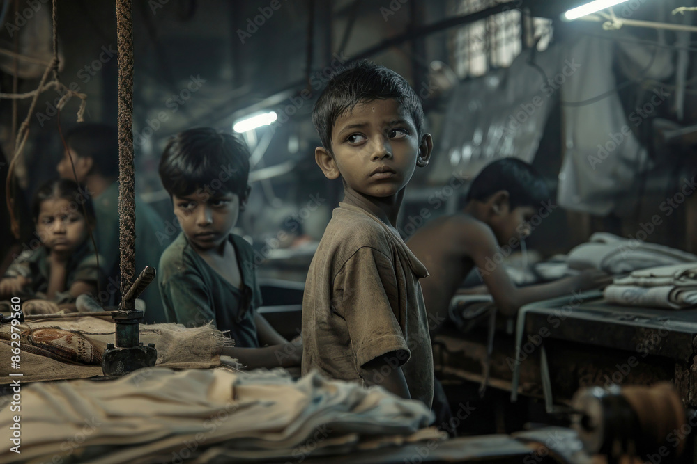 Child Labor in Sweatshop with Young Children Working in Harsh Conditions under Dim Light Child Labor in Sweatshop with Young Children Working in Harsh Conditions under Dim Light