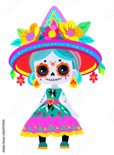 Catrina. Female symbol of Day of the Dead. Bright cute dead girl. Vector isolated illustration