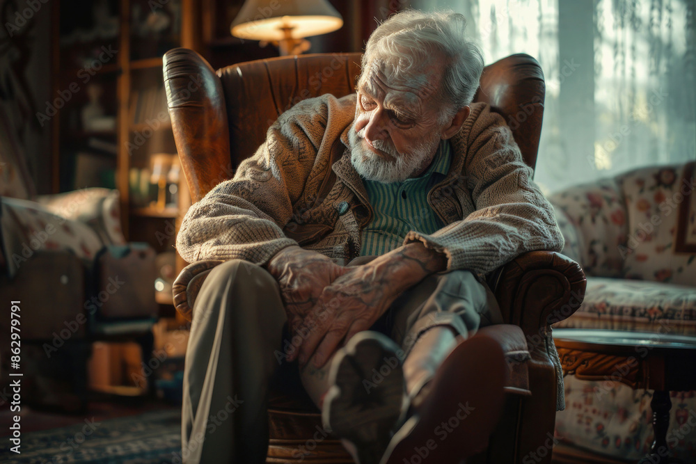 Elderly Man with Arthritis Sitting in Chair Rubbing Painful Knee in Cozy Living Room