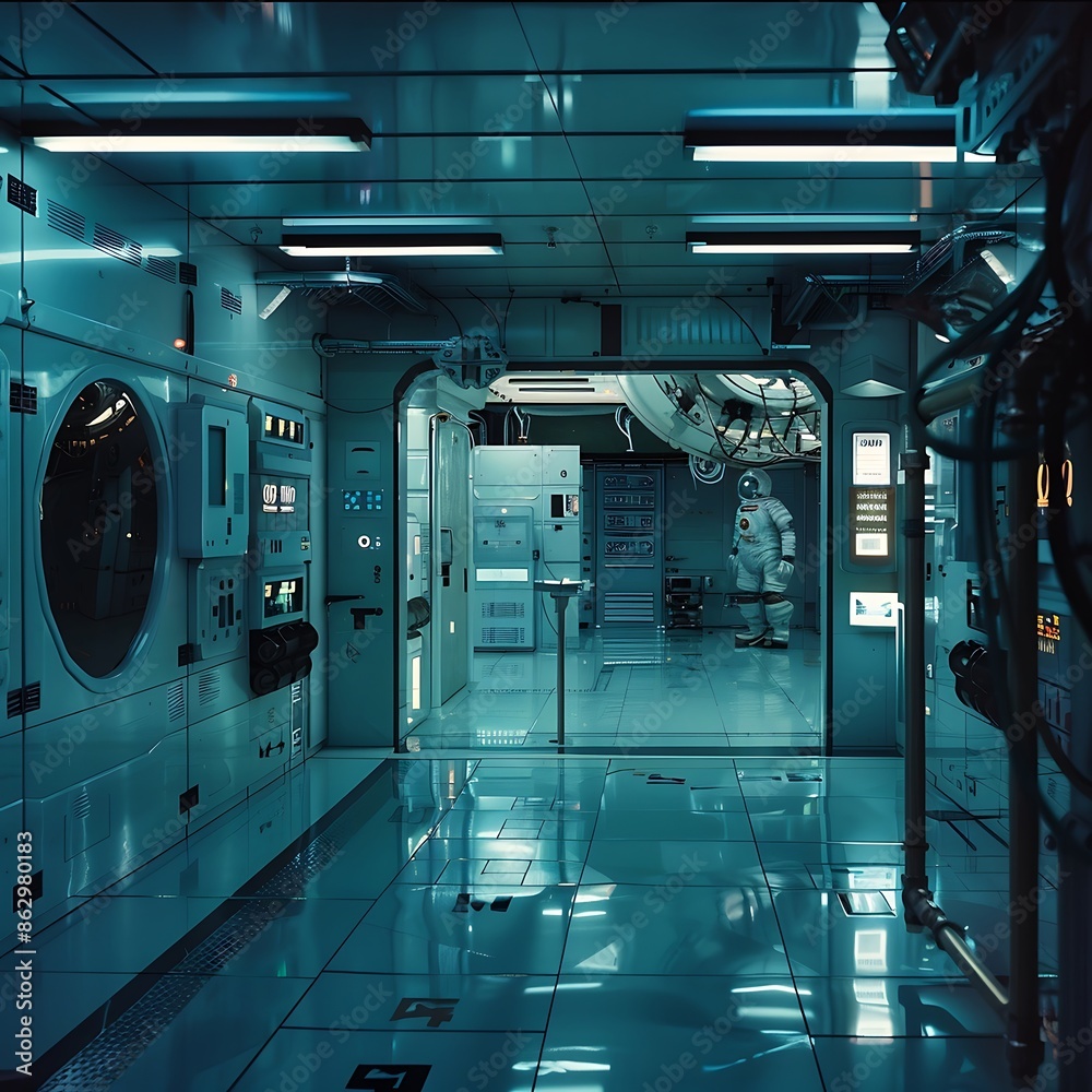 Spaceship interior with white walls and blue ceiling. 3d rendering Spaceship interior with white walls and blue ceiling. 3d rendering