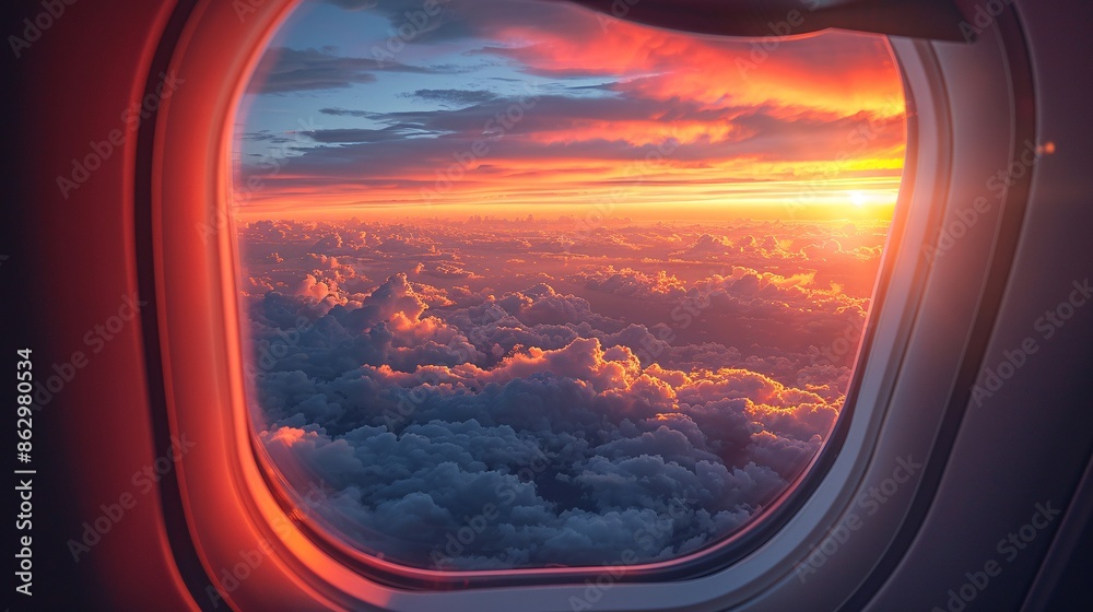Airplane Window Sunset View. Airplane Window Sunset View.