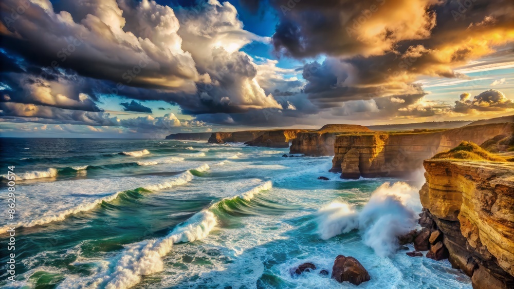 Dramatic ocean waves crash against rugged cliffs under a vast, cloud ...