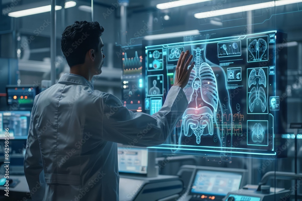 A doctor in a futuristic lab coat interacting with a glowing holographic display showing detailed images of lungs A doctor in a futuristic lab coat interacting with a glowing holographic display showing detailed images of lungs