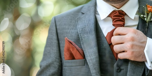 Groom fixing pocket square in jacket preparing for wedding with bokeh background. Concept Wedding preparation, Groom attire, Pocket square styling, Bokeh photography, Special occasions
