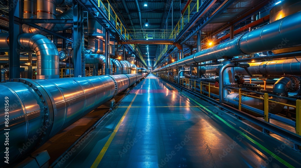 Industrial pipes and machinery inside a modern factory Industrial pipes and machinery inside a modern factory
