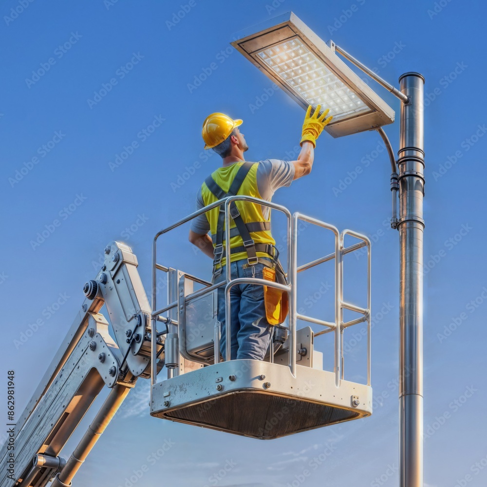 An electrician in a high visibility vest and hard hat is installing an LED street lamp from a cherry picker against a clear blue sky. This scene represents outdoor lighting energy efficiency. An electrician in a high visibility vest and hard hat is installing an LED street lamp from a cherry picker against a clear blue sky. This scene represents outdoor lighting energy efficiency.