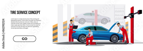 Workers in car service tire service and car repair vector illustration