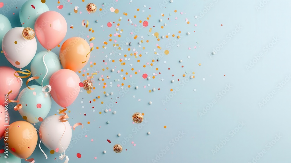 Pastel balloons and confetti on blue background for birthday party celebration Pastel balloons and confetti on blue background for birthday party celebration