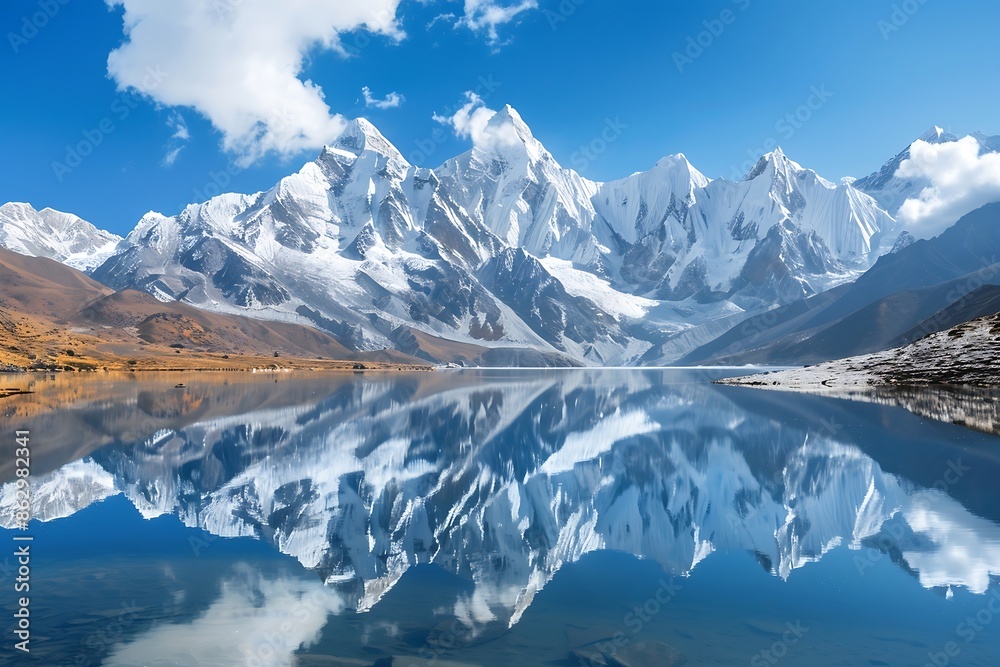 Obraz premium Fantastic landscape with snow-capped mountains reflected in lake