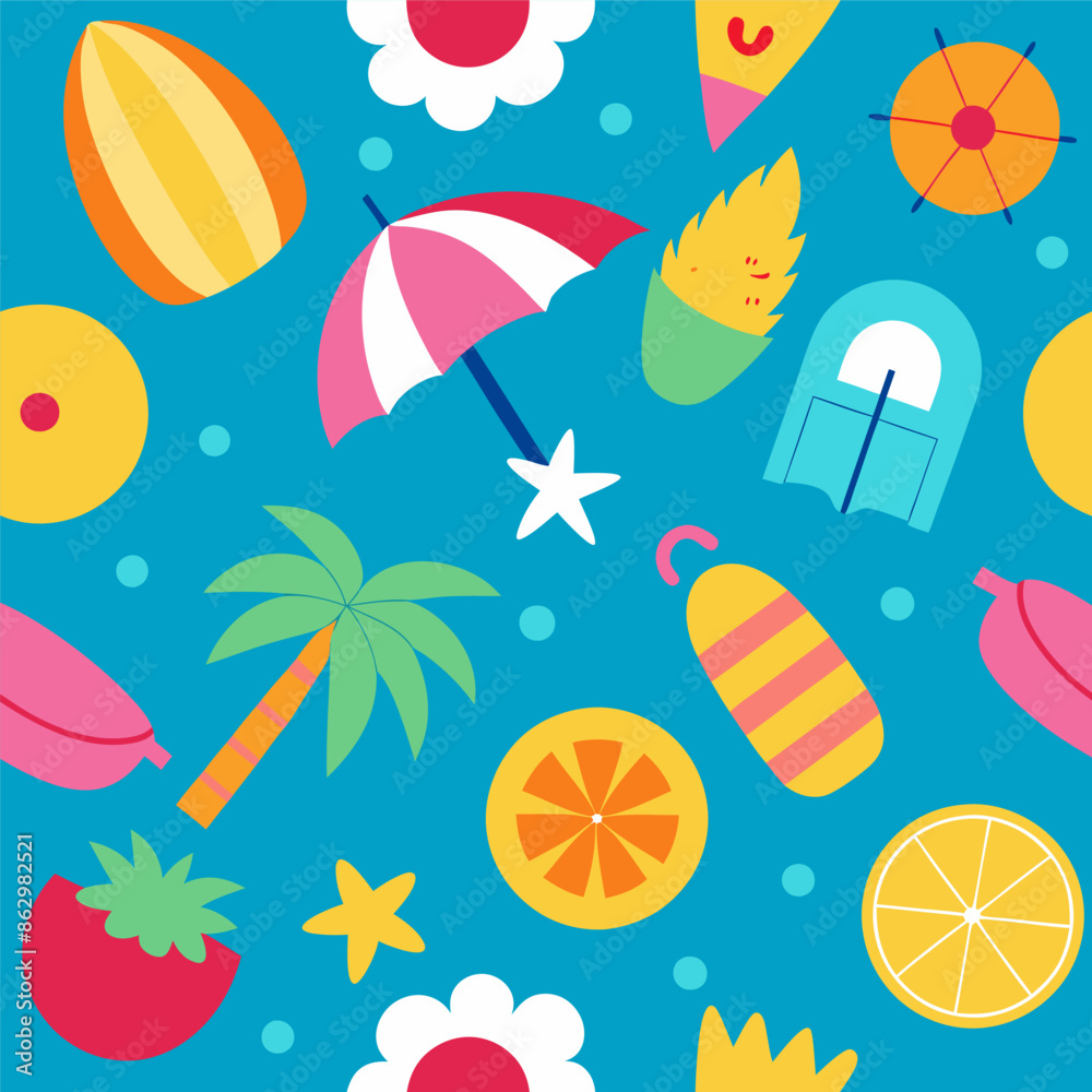 Cheerful seamless summer pattern with beach elements like umbrellas, sun, pineapples, and cocktails on a bright blue background. Ideal for summer-themed designs Cheerful seamless summer pattern with beach elements like umbrellas, sun, pineapples, and cocktails on a bright blue background. Ideal for summer-themed designs