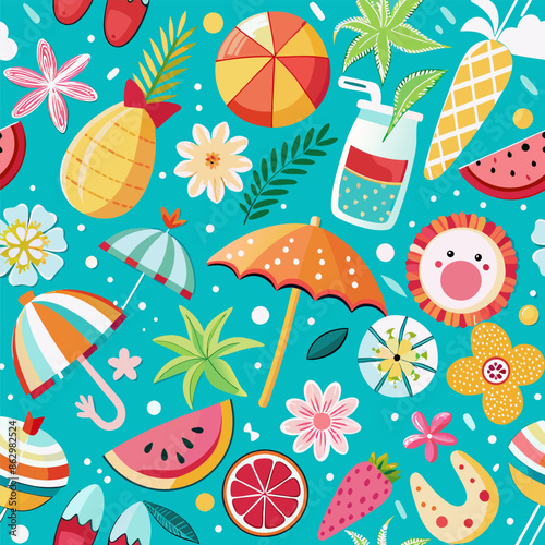 Cheerful seamless summer pattern with beach elements like umbrellas, sun, pineapples, and cocktails on a bright blue background. Ideal for summer-themed designs