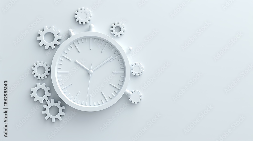 A stylized 3D illustration of a large clock surrounded by several mechanical gears in a monochromatic color scheme. A stylized 3D illustration of a large clock surrounded by several mechanical gears in a monochromatic color scheme.