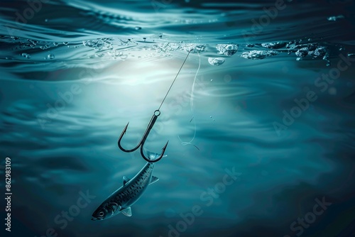 Fishing background: Close-up of fish hook underwater. photo