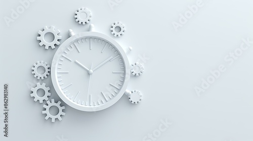 A stylized 3D illustration of a large clock surrounded by several mechanical gears in a monochromatic color scheme.