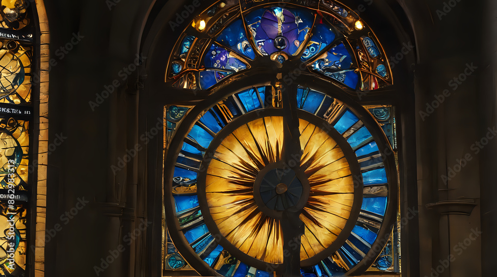 a stained glass window with a clock in the center a stained glass window with a clock in the center