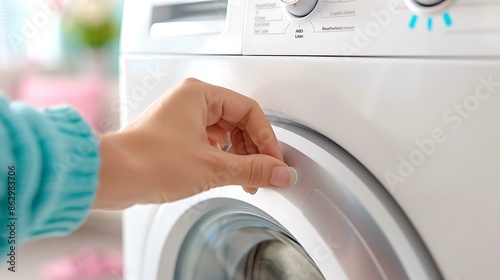 A hand turning the dial on an energy-saving washing machine.