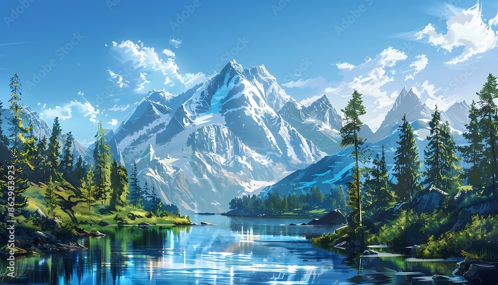 Fototapeta premium Fantastic landscape with snow-capped mountains reflected in lake