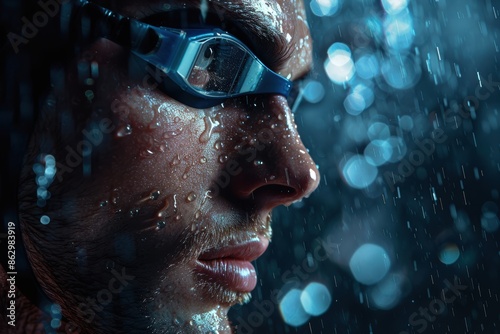 Wallpaper Mural Portrait of an elite swimmer, dramatically lit from above in a minimalist studio, with glistening water droplets on chiseled features Torontodigital.ca