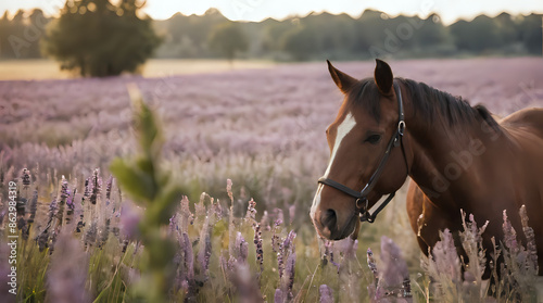 a horse standing in a field of purple flowers