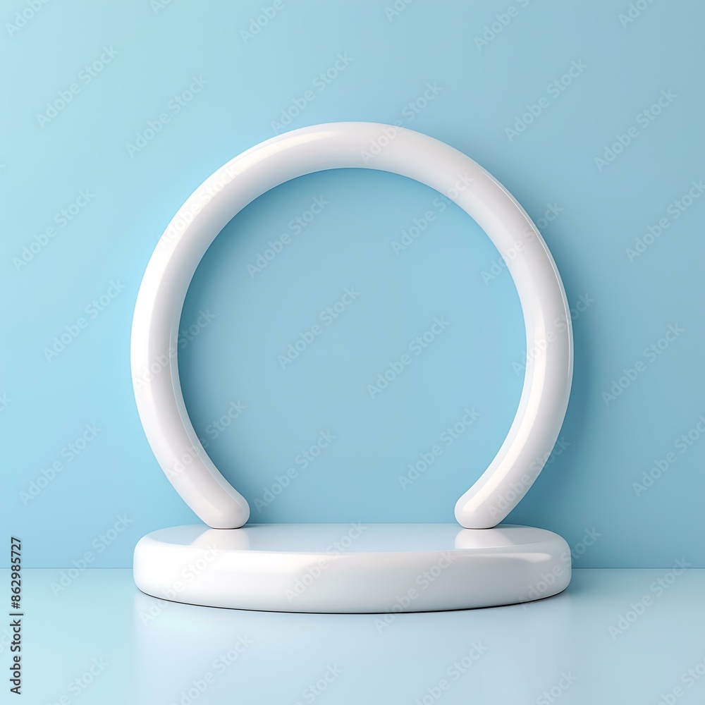 A minimalist, modern, white circular podium with a sleek white circular backdrop, set against a light blue background. A minimalist, modern, white circular podium with a sleek white circular backdrop, set against a light blue background.