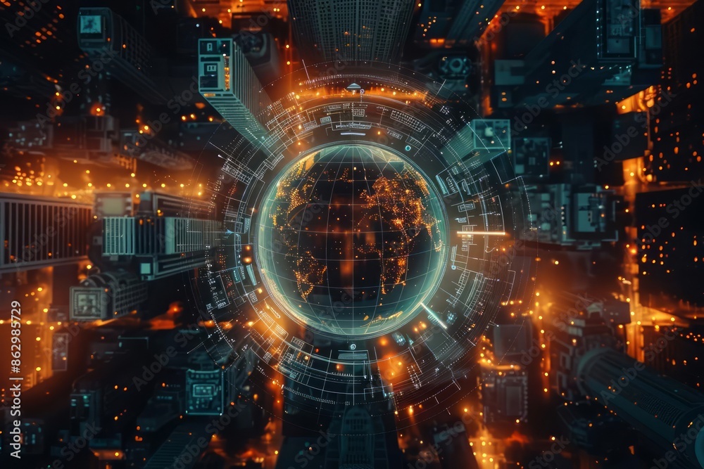 Obraz premium A top view of a glowing digital globe in the center of a reflective surface, with a city skyline around the edges and space in the middle for text, in a modern, minimalist design