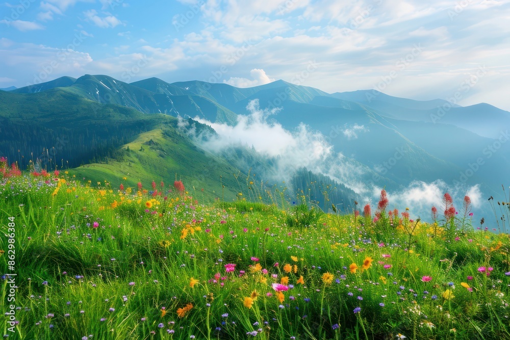 A beautiful summer day in the mountains, featuring lush grassy meadows, colorful flowers, and soft clouds rolling over the peaks, with the bright sunlight casting a warm glow on the landscape. A beautiful summer day in the mountains, featuring lush grassy meadows, colorful flowers, and soft clouds rolling over the peaks, with the bright sunlight casting a warm glow on the landscape.