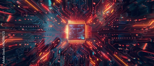 A topview image of a futuristic circuit board with a glowing microchip in the center