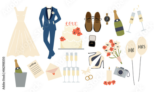 Vector vintage set for groom with decorative wedding elements in vintage style