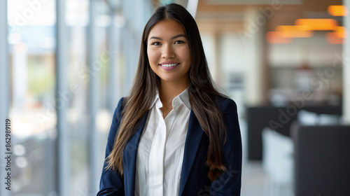 Wallpaper Mural Portrait of a  Indigenous female office worker standing with a confident smile. She is dressed in a formal business suit with a white blouse and a navy blue blazer. The background is a modern office Torontodigital.ca