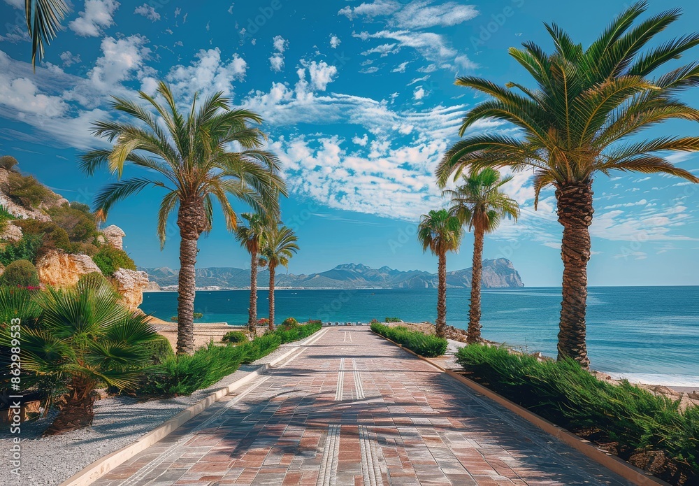 Obraz premium Brick Pathway Leading to a Blue Sea With Palm Trees and a Sunny Sky